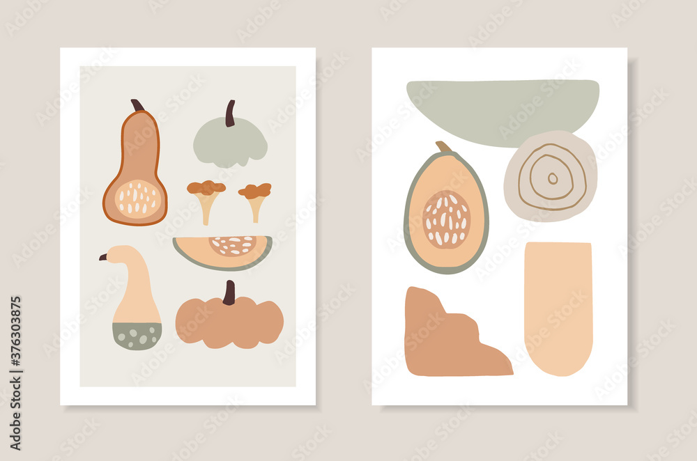 Set of autumn artistic greeting cards, invitations. Cut pumpkins vegetable, mushrooms and abstract geometric shapes. Modern minimalist vector drawings. Fall, Thanksgiving or kitchen posters, wall art