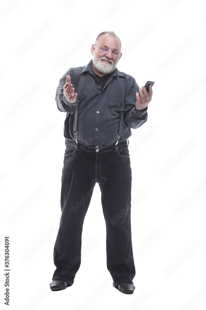 attractive older man with a smartphone. isolated on a white attractive older man with a smartphone. isolated on a white