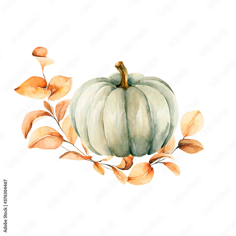 Watercolor floral composition. Hand painted pumpkin, yellow and orange ...