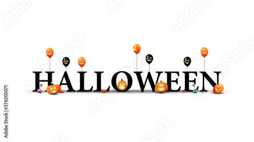 Halloween logo, sign, symbol. 3D title with Halloween pumpkins, balloons and maple leafs isolated on white background