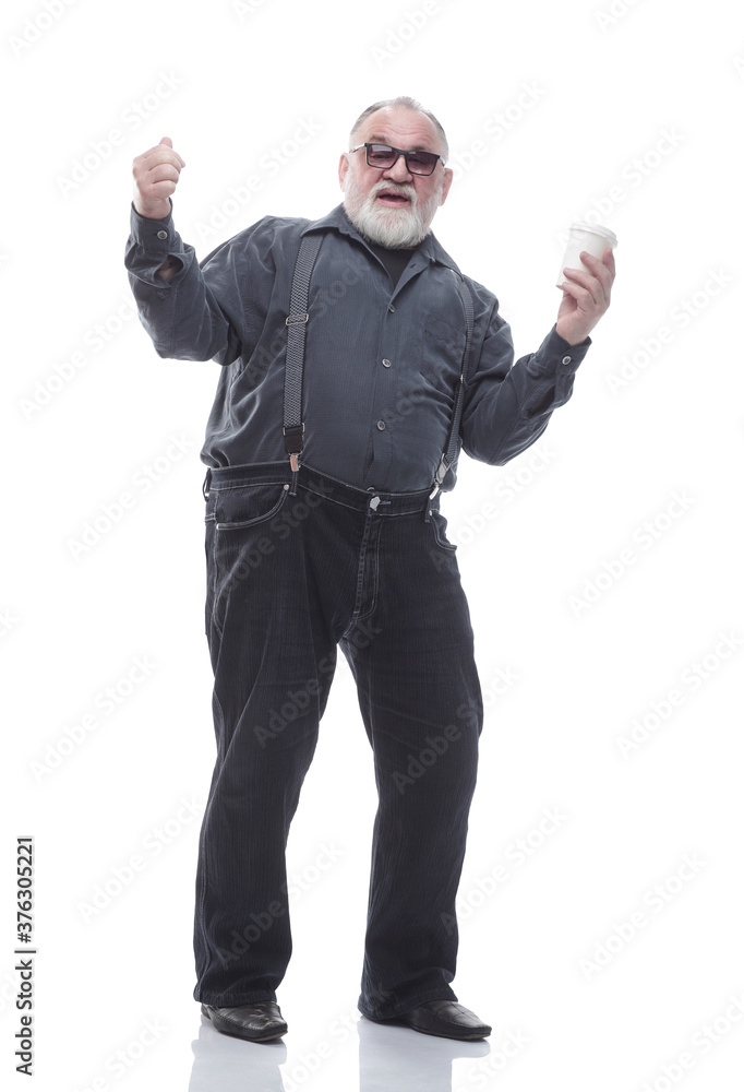 full- length . friendly bearded man with takeaway coffee. full- length . friendly bearded man with takeaway coffee.