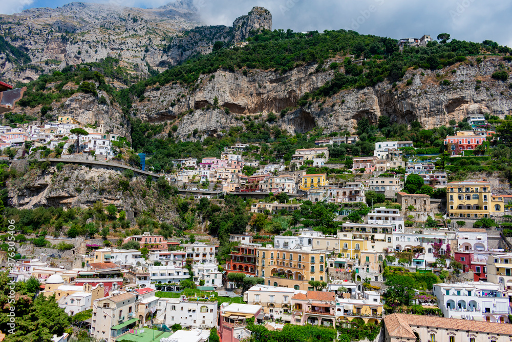 Italy, Campania, Positano - 17 August 2019 - View of Positano and its mountain