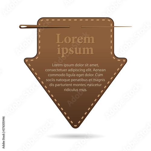 template with space for text, pointer shaped leather label, down arrow. Vector, illustration