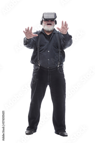 modern adult male in a virtual reality helmet. isolated on a white