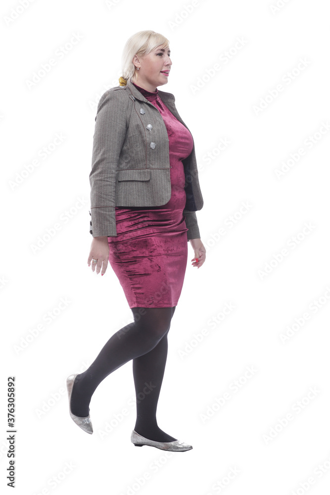 casual young woman stepping forward . isolated on a white casual young woman stepping forward . isolated on a white