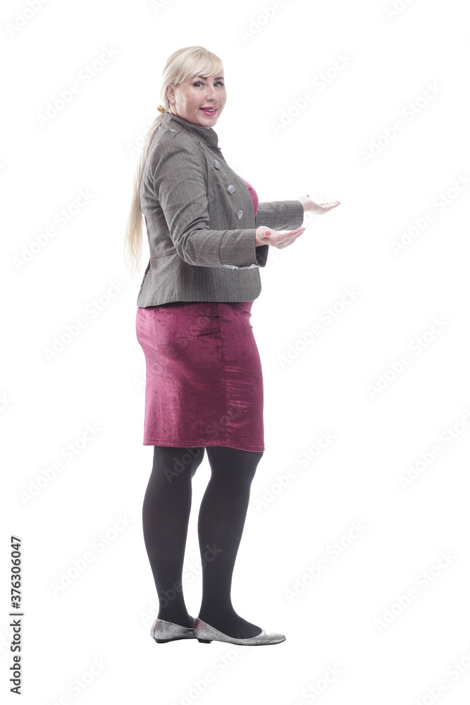 rear view . casual young woman looking at a white blank screen . rear view . casual young woman looking at a white blank screen .