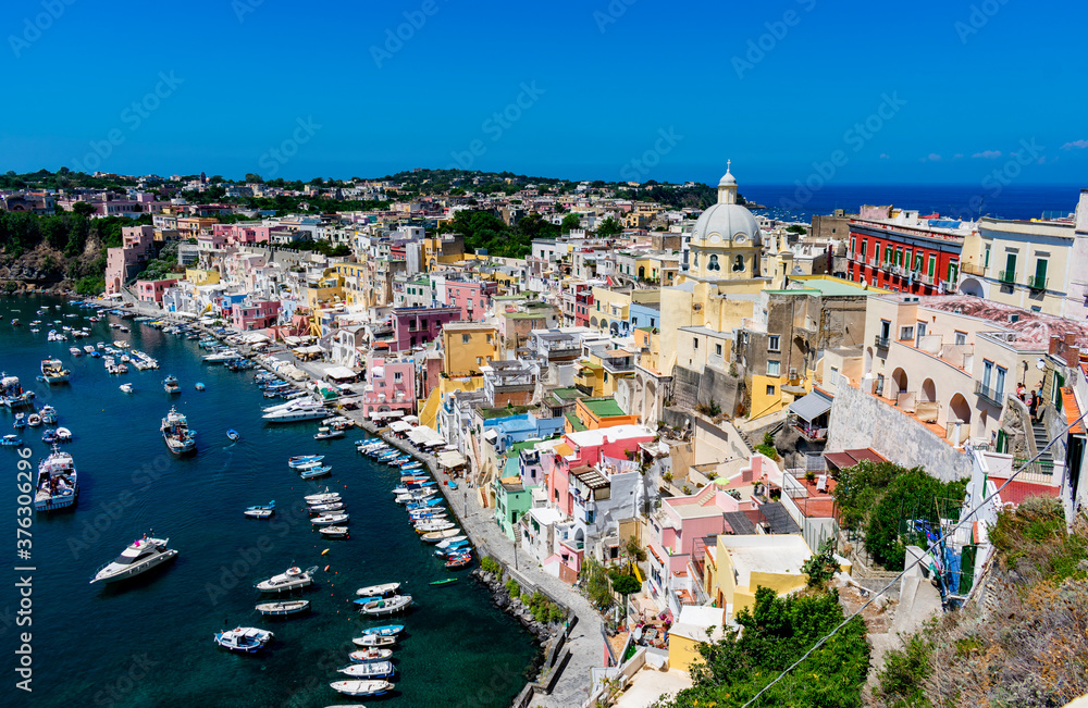 Italy, Campania, Procida - 18 August 2019 - The colorful port of Marina Coricella in Procida