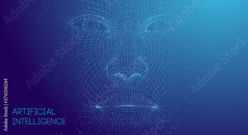 Artificial intelligence head, city human and innovations sciences fictions. Artificial technology human head concept. Cyborg background with artificial intelligence components, artificial intelligence