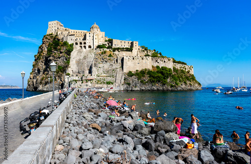 Italy, Campania, Ischia - 18 August 2019 - The Aragonese castle of Ischia and its island