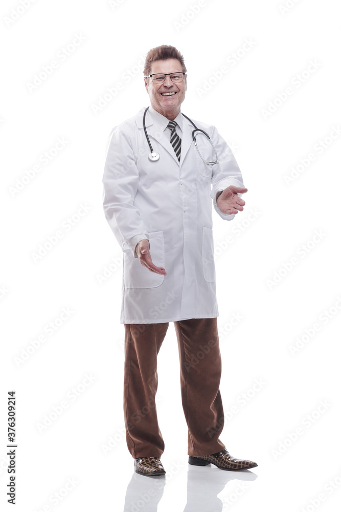 full- length . smiling doctor with a stethoscope looking at the camera full- length . smiling doctor with a stethoscope looking at the camera