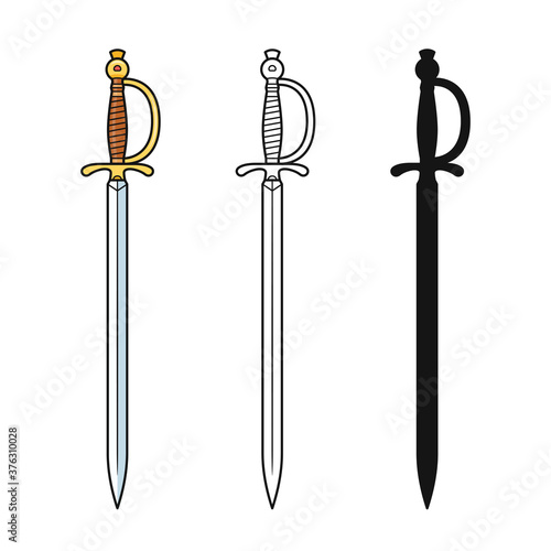 Set of cartoon game medieval swords. Swords in style: flat, outline and silhouettes. Rapiers icon. Vector illustration.