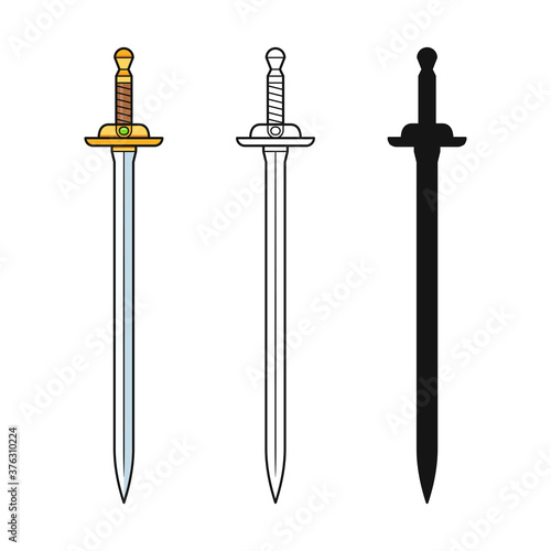 Ancient swords icon set. Swords in style: flat, outline and silhouettes. Rapiers. Vector illustration.