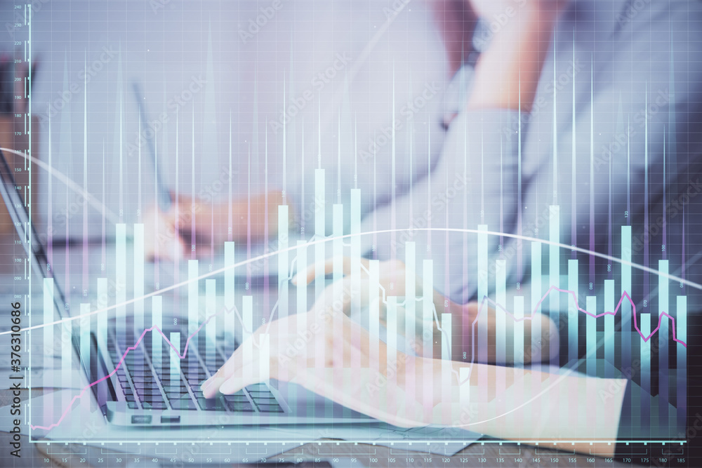 Multi exposure of woman hands typing on computer and financial chart hologram drawing. Stock market analysis concept. Multi exposure of woman hands typing on computer and financial chart hologram drawing. Stock market analysis concept.