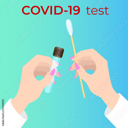 Hands of a doctor performing laboratory analysis to detect COVID-19 .Detection of coronavirus and testing of patients.COVID-19 test.Flat vector illustration.