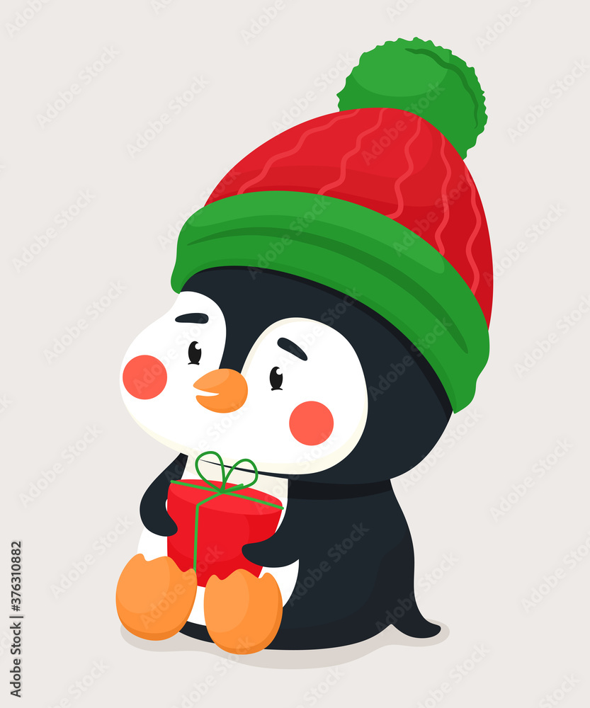 Cute little penguin with a gift and in a warm hat. Vector character in flat cartoon style. Cute little penguin with a gift and in a warm hat. Vector character in flat cartoon style.