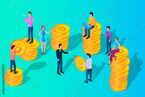 People are engaged in the production of bitcoins.The concept of cryptocurrency turnover.Modern cryptocurrency mining business.Financial investments in bitcoins.Isometric vector illustration.