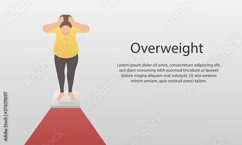 Big Fat woman worry standing on electronic scales for weight Body weight Healthcare concept cartoon Healthy character flat vector design,Vector illustration.