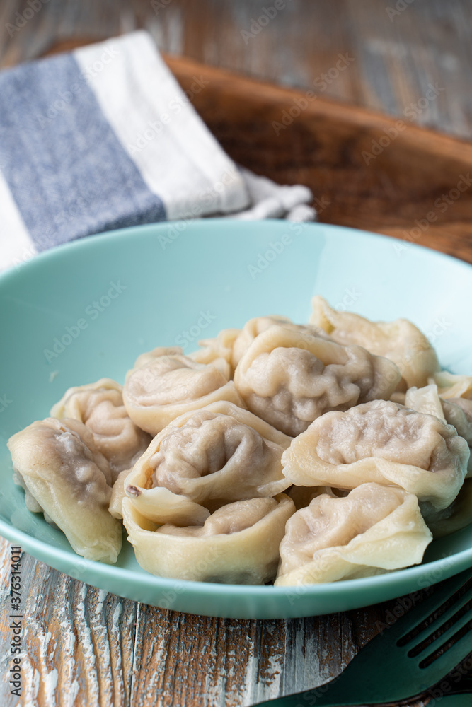 Close up of ukrainian meat pelmeni with minced pork, rustic, authentic photo Close up of ukrainian meat pelmeni with minced pork, rustic, authentic photo