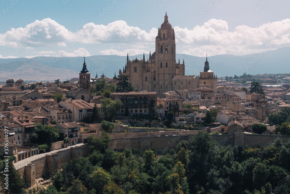 Panoramic view of the historic center of Segovia and its Cathedral from the Alcazar of that town in Spain