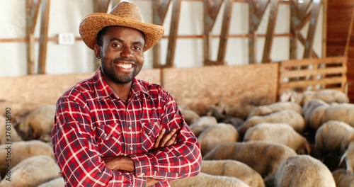 Portrait of young handsome African American man farmer in hat looking at camera, crossing hands and smiling in barn with livestock. Happy cheerful male shepherd smile in stable. Dolly shot. Zooming. photo