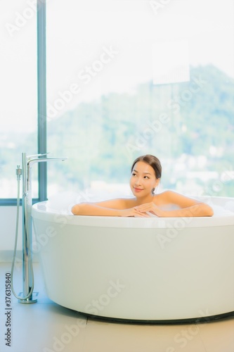 Portrait beautiful young asian woman relax leisure enjoy in bathtub