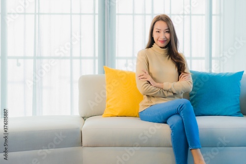 Free Download Portrait beautiful young asian woman relax leisure enjoy on sofa - GFXLoad