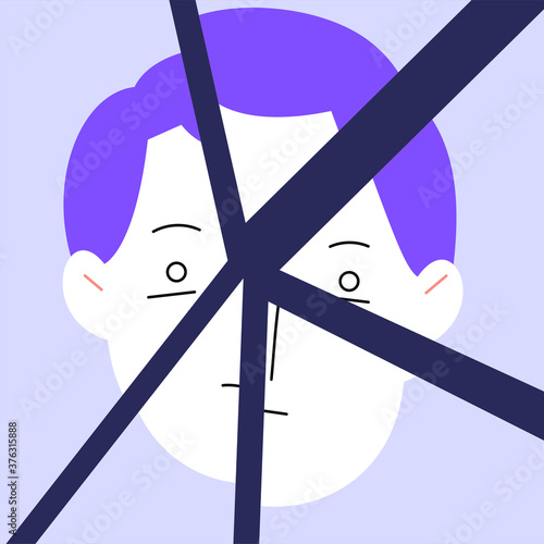 Flat illustration of a characters face split into several parts. Abstract image of trauma and ptsd
