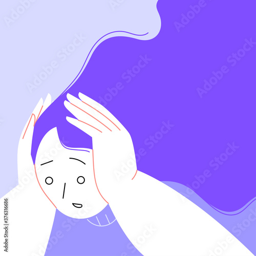 Flat illustration of a woman grabbing her head and screaming with scared facial expression. Anxiety and panic disorder concept