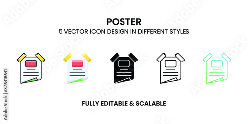 Poster vector icon in colored outline, flat, glyph, line, and gradient