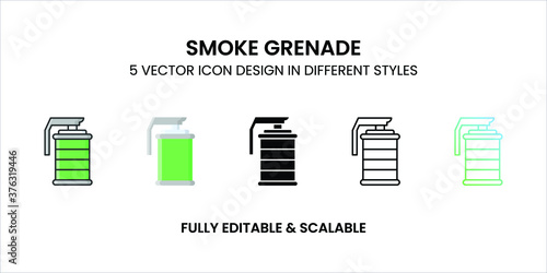 Smoke Grenade vector icon in colored outline, flat, glyph, line, and gradient