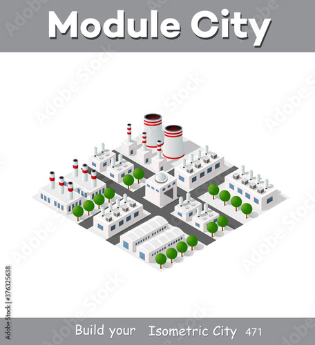 Isometric plant in 3D dimensional projection includes factories