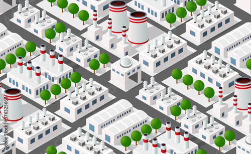 Isometric plant in 3D dimensional projection includes factories