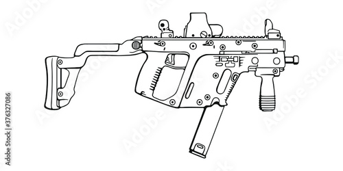 Hand-drawn Modern submachine gun. 
Vector Outline Illustration