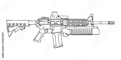 American M4 assault rifle with reflex sight and grenade launcher. Vector Outline Illustration