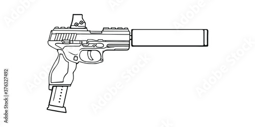 Modern pistol with reflector sight and silencer. Vector Outline Illustration