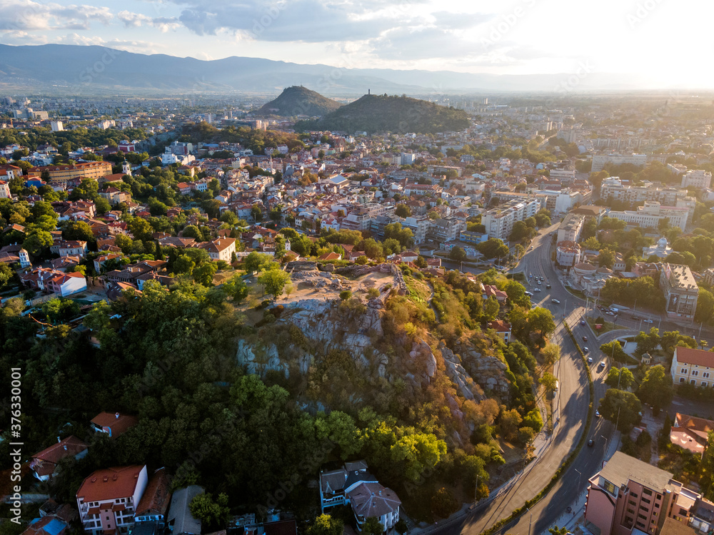 Aerial view of The old town of city of Plovdiv, Bulgaria