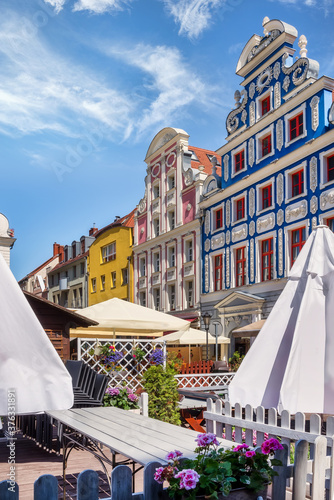 Reconstructed tenements at the hay market in old town Szczecin, Poland photo