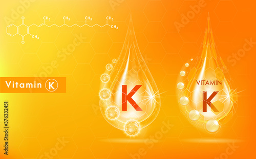 Vitamin K and structure. Medicine capsule, Golden substance. 3D Vitamin complex with chemical formula. Personal care and beauty concept. Vector Illustration