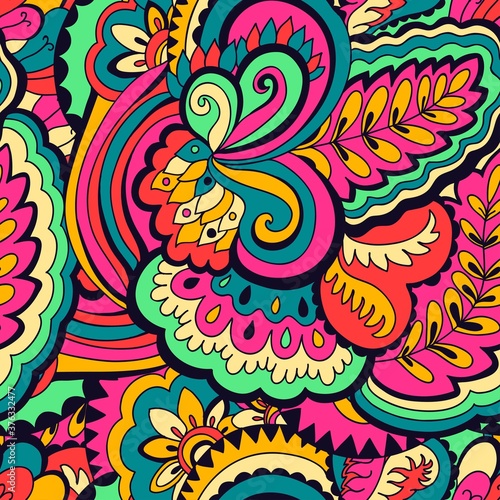 Seamless psychedelic pattern with crazy colorful ornamental elements.