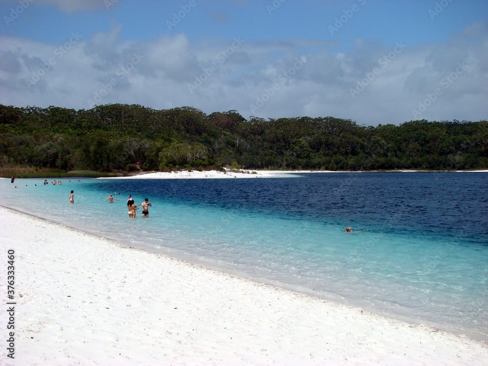 clear lake blue white sand trees beach