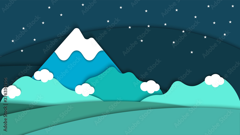 Obraz premium Beauty Night landscape Mountain paper art style with cloud background vector illustration