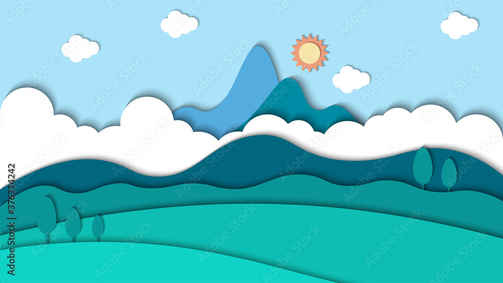 Beauty nature landscape paper art style with cloud background vector illustration