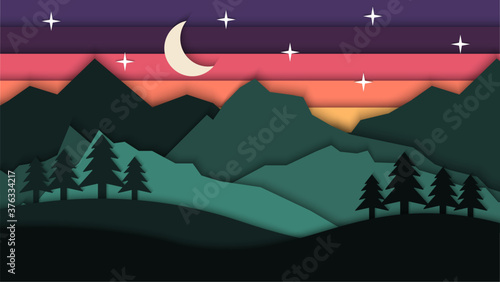 Beauty Night landscape Mountain paper art style with cloud background vector illustration