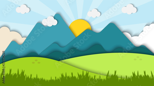 Beauty landscape paper art style with shiny background vector illustration