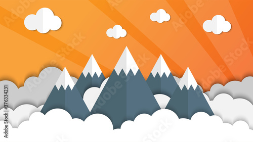 Beauty nature Mountain paper art style with shiny background vector illustration