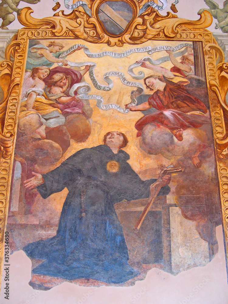 Italy, Marche, Tolentino, Saint Nicolas Basilica cloister frescoes fragments.