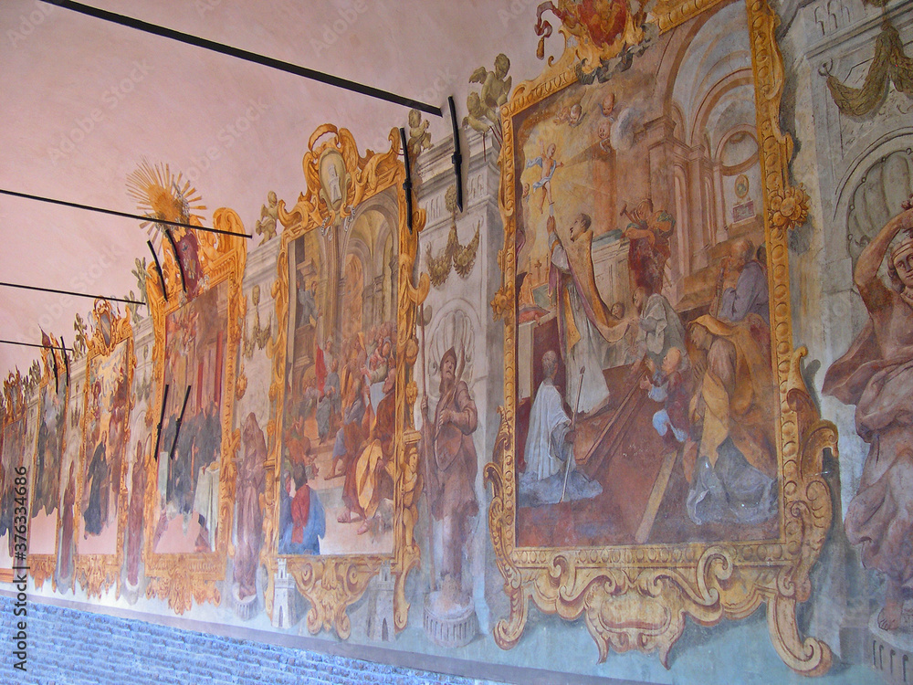 Italy, Marche, Tolentino, Saint Nicolas Basilica cloister frescoes fragments.