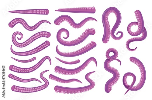 Octopus tentacle icon. Vector cartoon octopus underwater animal tentacle set for animation construction. Spooky marine monster arm isolated on white. Creepy abyss creature feeler illustration