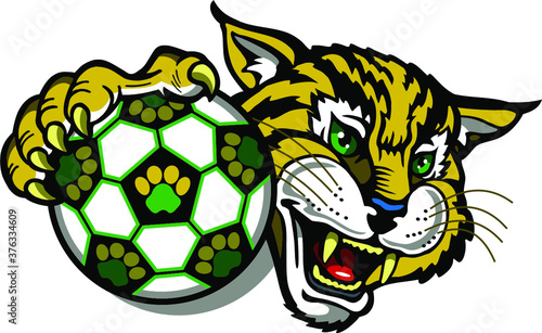 bobcat soccer team mascot holding ball for school, college or league