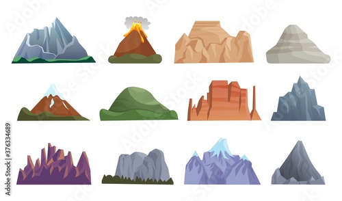 Cartoon mountain icon. Hill top, mountain peak, erupting volcano, iceberg, rock ridge, cliff crest with stone cartoon icon set on white. Vector rocky natural landscape element illustration